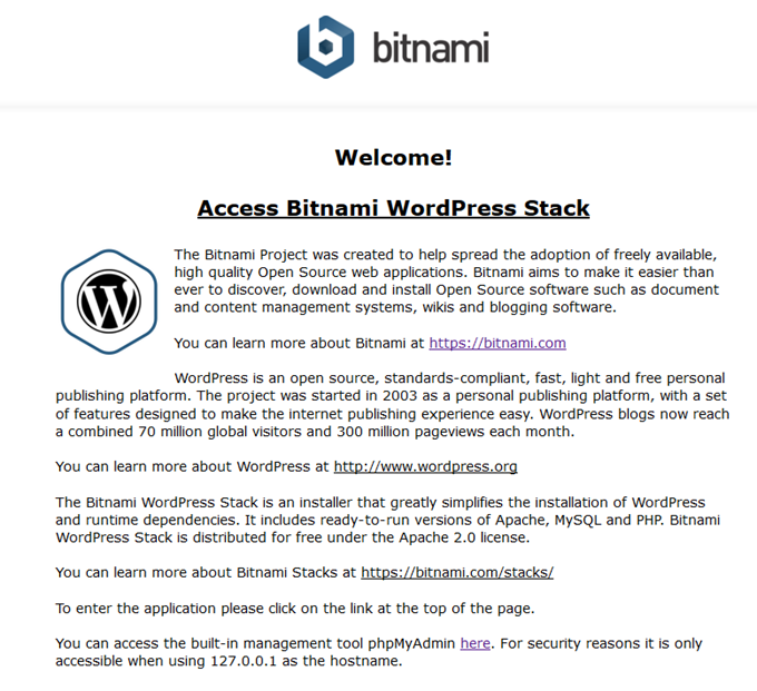 Bitnamiのウェルカム画面