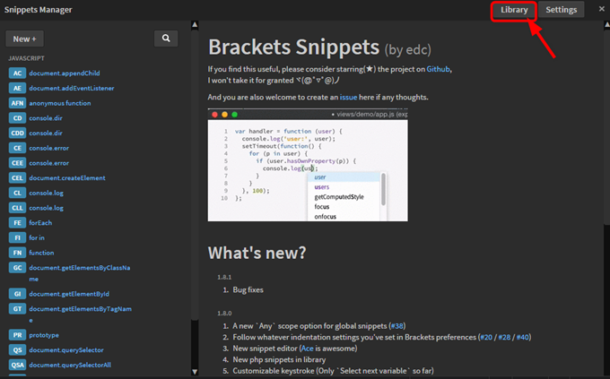 Brackets Snippetsのスタート画面