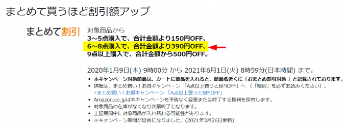 まとめて買うほど割引額アップ
