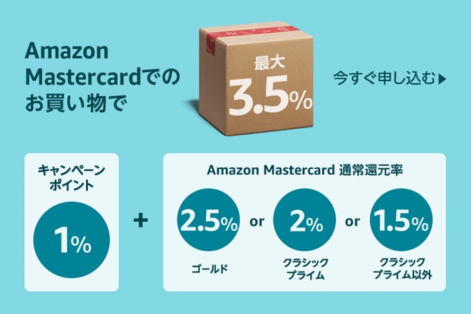 Amazon MasterCardの買い物で最大3.5%還元 Amazon MasterCardの買い物で最大3.5%還元
